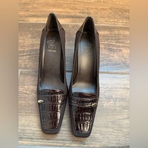 Joan & David Dark Brown Croc-Embossed Heels